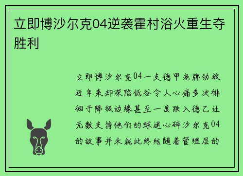 立即博沙尔克04逆袭霍村浴火重生夺胜利